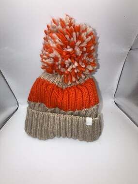 DKNY Colorblock Ribbed Knit Beanie with Pom Pom and Fleece Lining